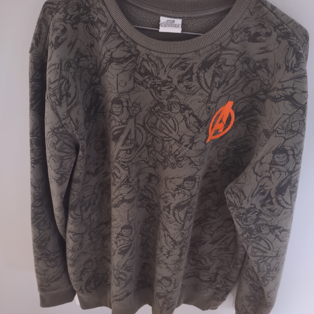 Marvel Men's Crewneck Sweater - Olive with Orange Logo